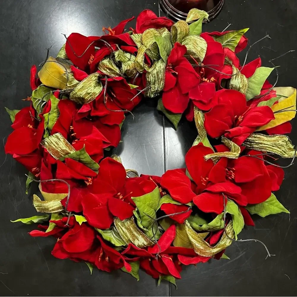 NEW Pottery Barn Poinsettia Decorative Christmas Holiday Hanging Wreath Round